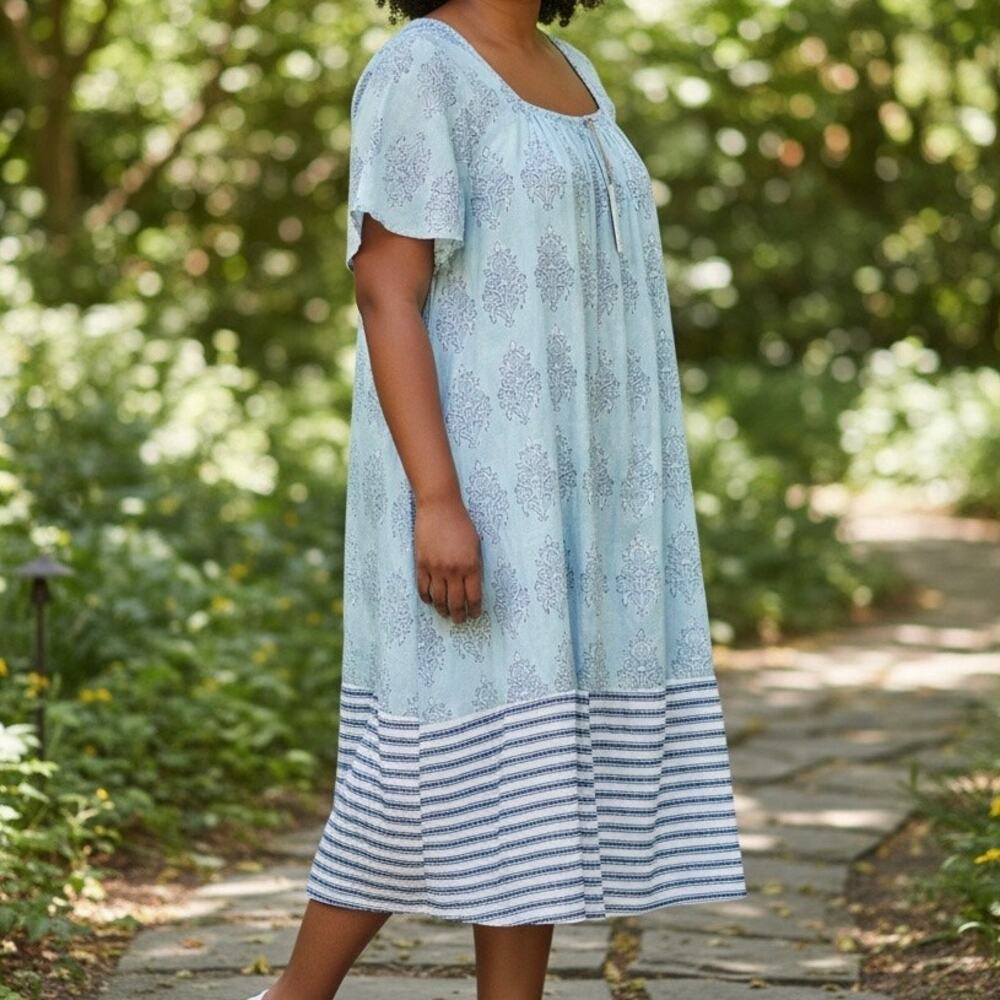 Clara The Label Coastal Cotton Midi Dress Women's Large Blue Stripe